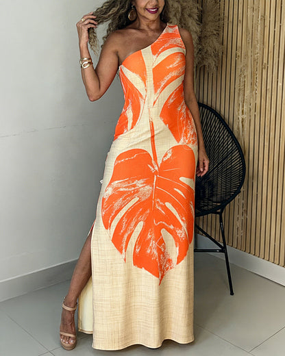 ChicMeLive Women's Tropical Monstera Leaf Print One Shoulder Maxi Dress Side Slit Bodycon Dress with Pockets and Zipper