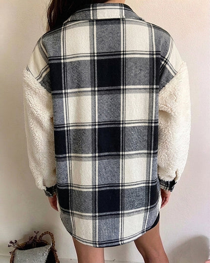 CHICMELIVE Women's Fleece Jacket Plaid Patchwork Sherpa Shacket