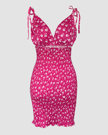 Women's Ditsy Floral Deep V Neck Shirred Sundress Sexy Tie Strap Backless Ruched Bodycon Cami Mini Dress
