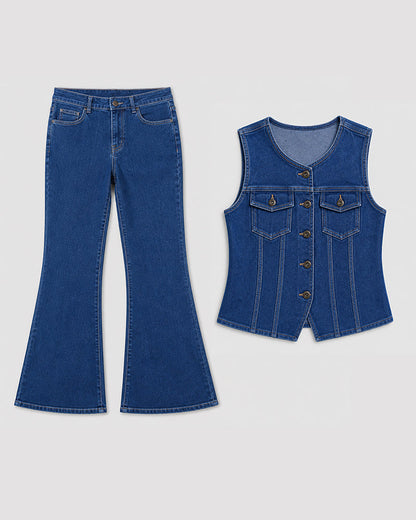 Women's 2 Piece Denim Outfits Sleeveless Button Down Vest and High Waisted Flare Jeans Set Vintage Suits with Pockets