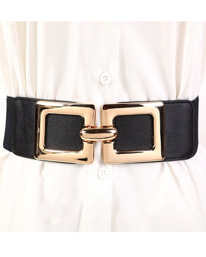 Wide Elastic Belt Fashion Square Gold Buckle Stretch Dress Belt Waistband