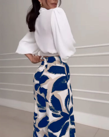 2 Pieces Outfit Ruched Overlap V Neck Three Quarters Sleeve Stretchy Back Hem Crop Blouse and Casual Vintage Floral Print High Waist Elastic Back Waist Wide Leg Pants Set