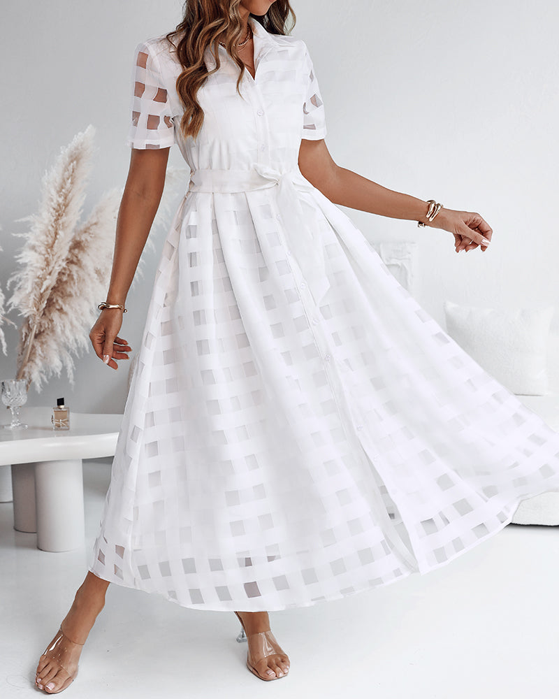 Turn-down Collar Plaid Mesh Double-Layered Cinched Waist Maxi Dress Button Down Bow Tie Waist Commuting Dress