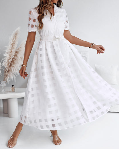 Turn-down Collar Plaid Mesh Double-Layered Cinched Waist Maxi Dress Button Down Bow Tie Waist Commuting Dress