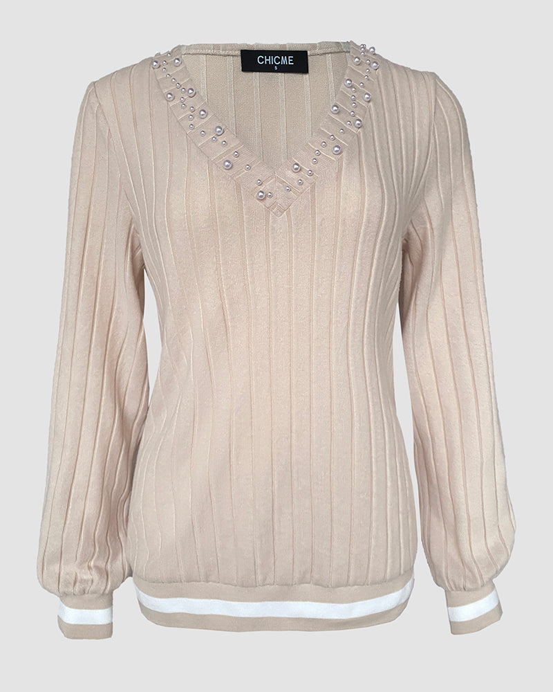 V-Neck Long Sleeve Pit Stripe Causal T-shirt