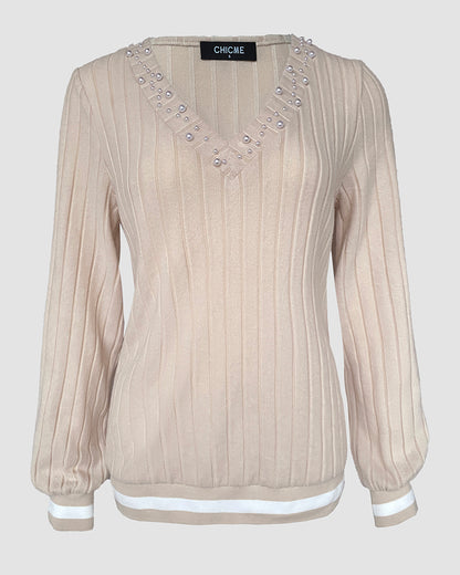 V-Neck Long Sleeve Pit Stripe Causal T-shirt