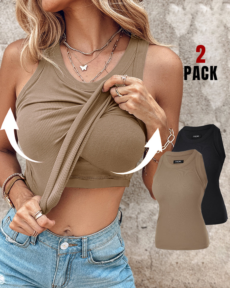 ChicMe Built-in Bra 2 Piece Athletic Tank Tops for Women Ribbed Tank Top