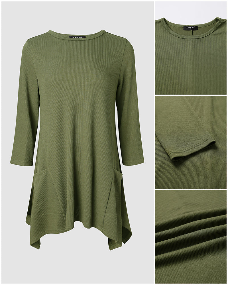 CHICMELIVE Womens 3/4 Sleeve Ribbed Tunic Asymmetrical Hem Loose Top