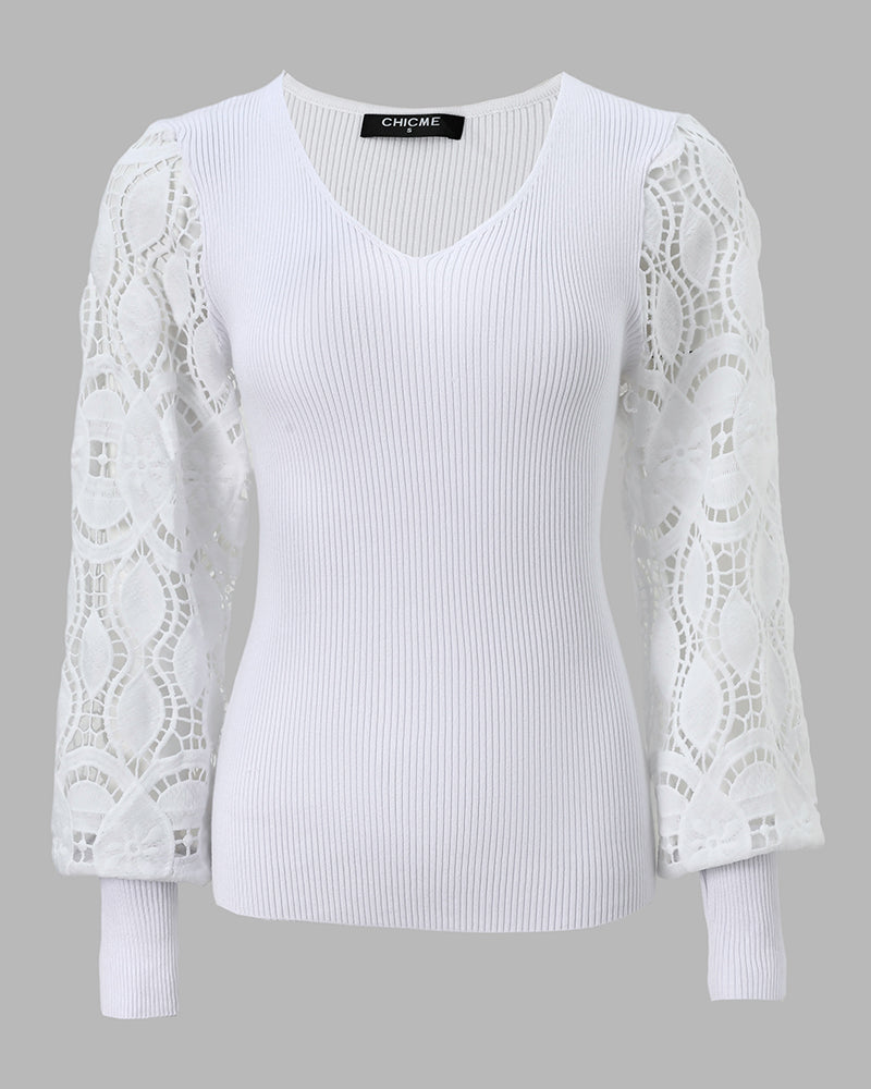 CHICMELIVE Women's Long Sleeve Lace Sweater V Neck Pullover Knit Tops