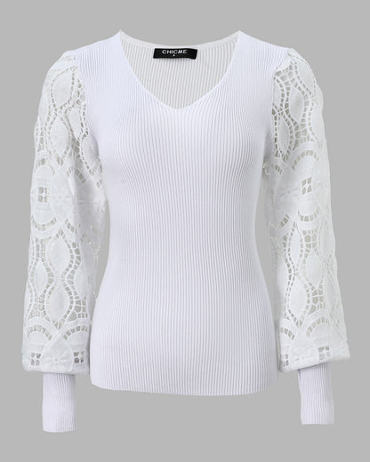 CHICMELIVE Women's Long Sleeve Lace Sweater V Neck Pullover Knit Tops