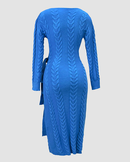 Cable Textured Overlap Deep V-Neck Long Sleeve Mid-Length Dress Tie Waist Slim Fit Knit Dress