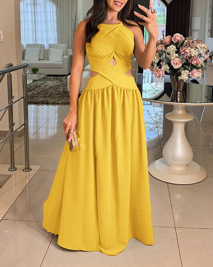 Halter Sleeveless Tied Detail Shirred Criss Cross Flared Dress Glamorous Evening Dress