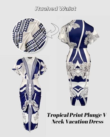 Tropical Print Deep V Neck Ruched Waist-Gathered Dress Front Slit Slim Fit Vacation Dress