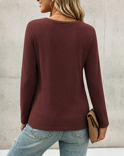 Women's Pleated V Neck T-Shirt Long Sleeve Button Decor Tee Casual Layering Top