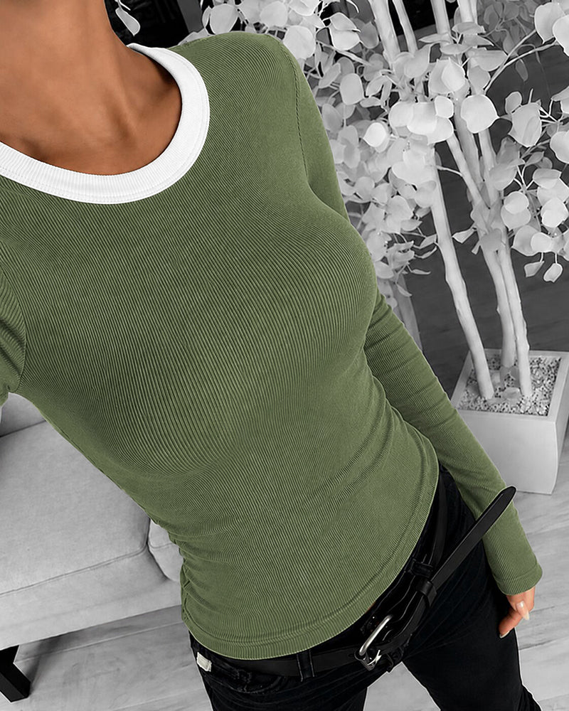 CHICMELIVE Women's Ribbed Long Sleeve Shirts Contrast Crewneck Fitted Basic Tee