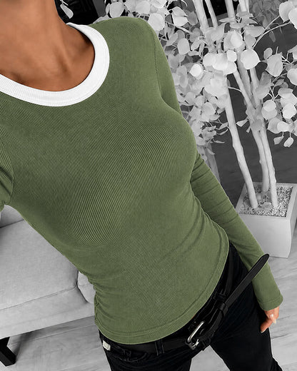 CHICMELIVE Women's Ribbed Long Sleeve Shirts Contrast Crewneck Fitted Basic Tee