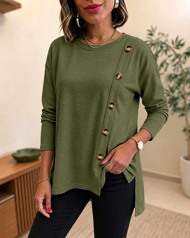 CHICMELIVE Womens Long Sleeve Tops with Buttons Dressy Casual Crewneck Shirts