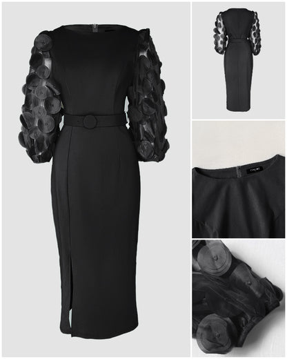 3D Polka Dot Appliques Mesh Lantern Sleeve Zipper Back Slit Work Dress Cinched Waist Slim Fit Mid-Length Dress With Belt