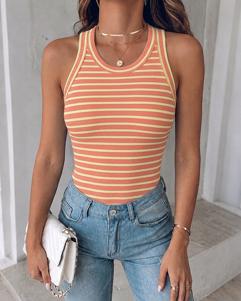 CHICMELIVE Women's Built in Bra Striped Tank Top Sleeveless Ribbed Slim Fit Top