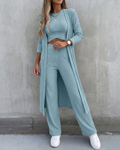 CHICMELIVE Women's 3 Piece Lounge Set Ribbed Cardigan Tank Wide Leg Pant