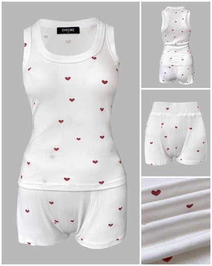 2 Pieces Outfit Heart Print U Neck Sleeveless Tank Top and Casual Strechy Waist Shorts Set Slim Fit Ribbed Pajamas Set