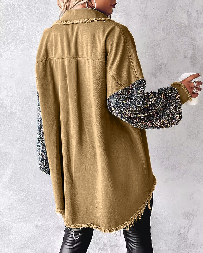 Casual Jacket Sequin Patchwork Long Sleeve Jacket Top Button Front Raw Hem Oversized Denim Shacket