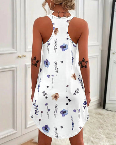 Allover Watercolor Floral Print U-Neck Sleeveless Curved Hem Dress Casual Racerback Loungewear Dress