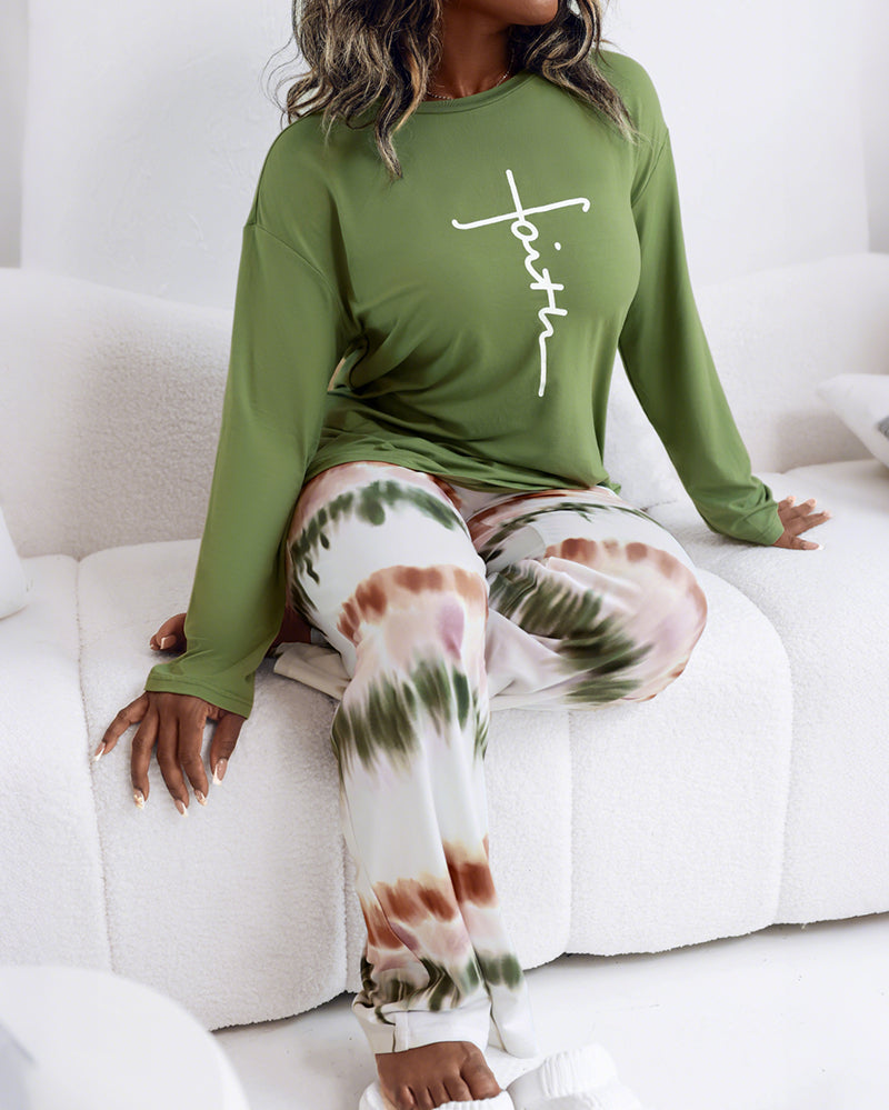 2 Pieces Outfit Letter Placement Print Long Sleeve Drop Shoulder Top and Ombre Loose Fit Pants Set Casual Pajamas Set