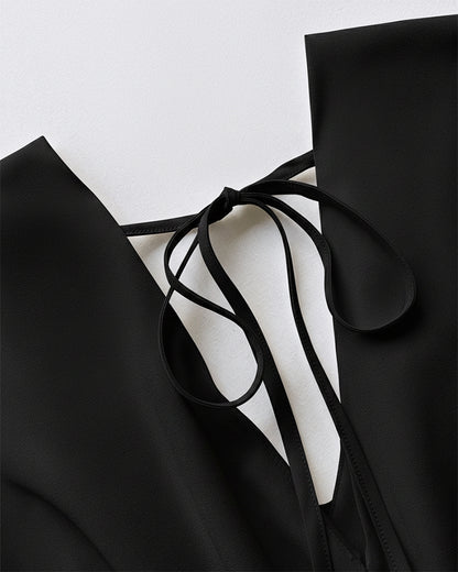 Deep V-Neck Ruched Three Quarters Sleeve Backless Overalls Casual Waist-Gathered Tied Detail Jumpsuit without Belt