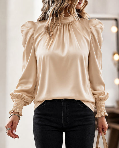 Women's Satin Blouse Mock Neck Puff Sleeve Shirt Back Tie Bow Elegant Ruched Shirt Shirred Frill Cuff Work Top