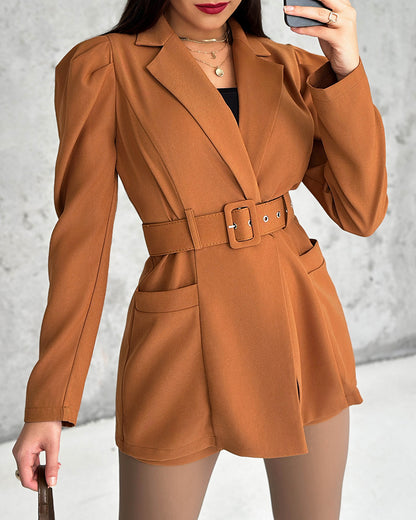 Notched Collar Puff Sleeve 2-in-1 Blazer Romper with Detachable Belt