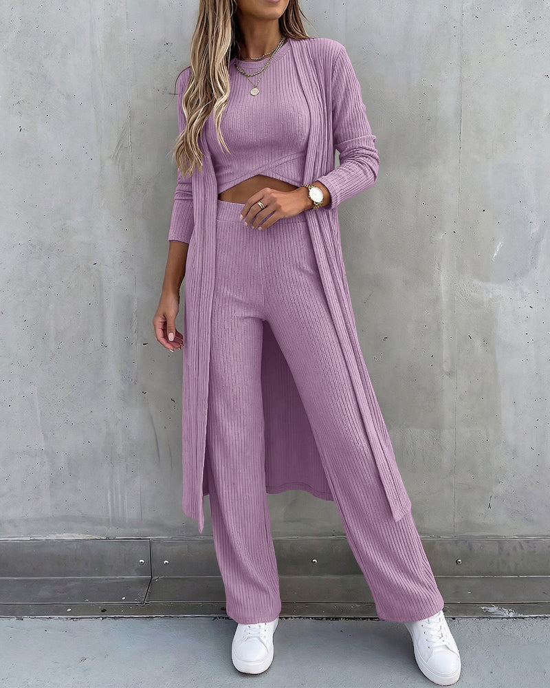 CHICMELIVE Women's 3 Piece Lounge Set Ribbed Cardigan Tank Wide Leg Pant