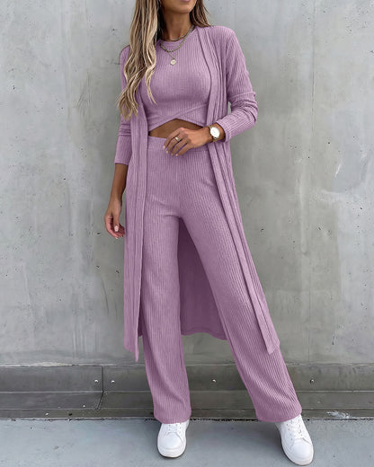 CHICMELIVE Women's 3 Piece Lounge Set Ribbed Cardigan Tank Wide Leg Pant
