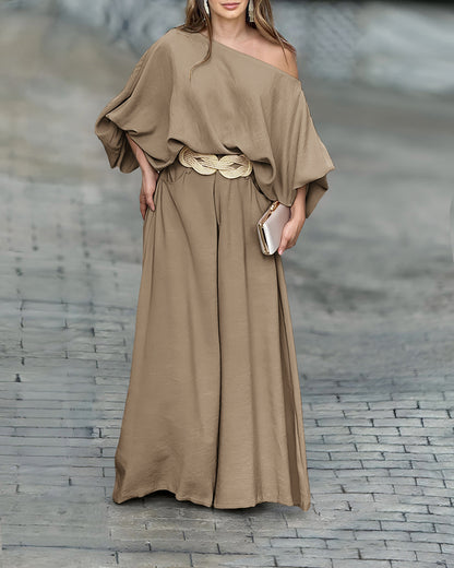 Skew Neck Lantern Sleeve Loose Top & Zipper Fly Wide Leg Pants Set without Belt