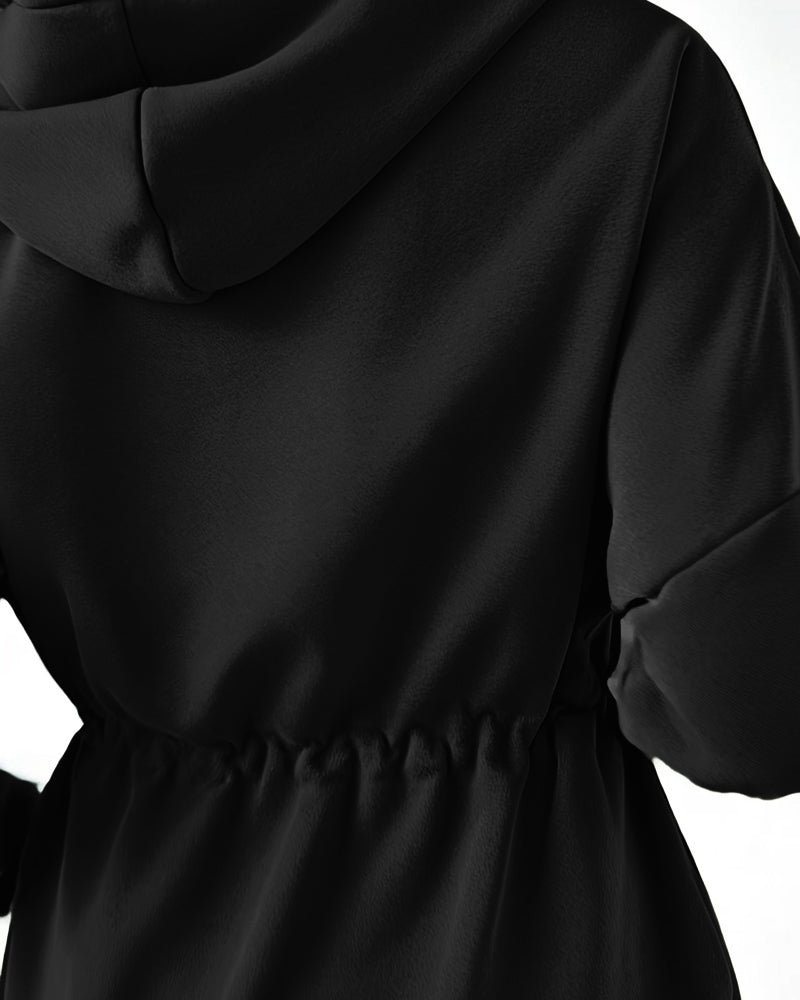 Long Sleeve Waist Drawstring Hooded Coat Casual Loose Fit Cardigan Jacket with Pockets