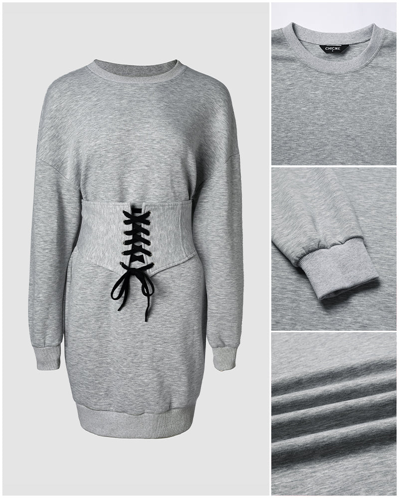 CHICMELIVE Women's Crew Neck Lace-Up Corset Waist Sweatshirt Mini Dress