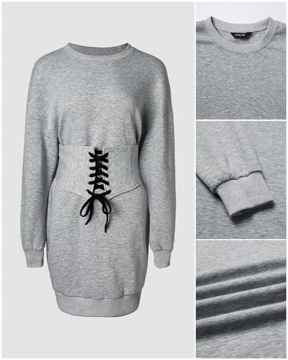 CHICMELIVE Women's Crew Neck Lace-Up Corset Waist Sweatshirt Mini Dress