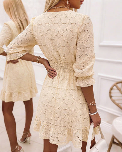 Women's Lace Overlap V-Neck Ruffle Hem Dress Shirred High Waist A-Line Party Dress Three Quarters Sleeve Vacation Dress