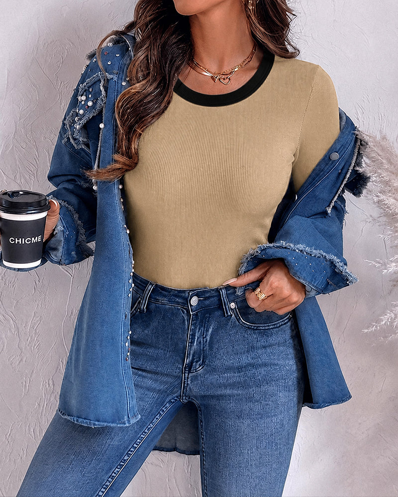 CHICMELIVE Women's Ribbed Long Sleeve Shirts Contrast Crewneck Fitted Basic Tee