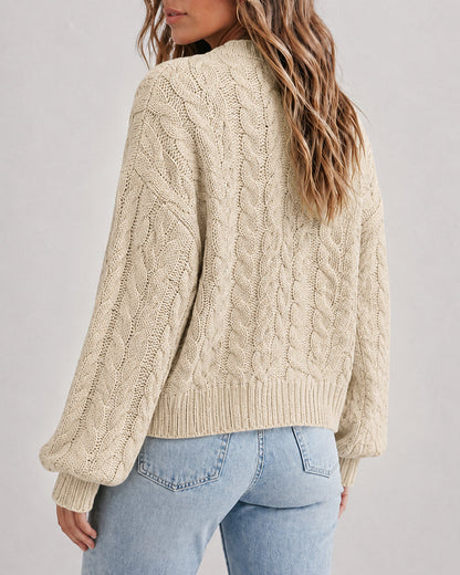 Women's Cable Knit Cardigan V Neck Button Down Chunky Knit Sweater Loose Lantern Sleeve Warm Outerwear
