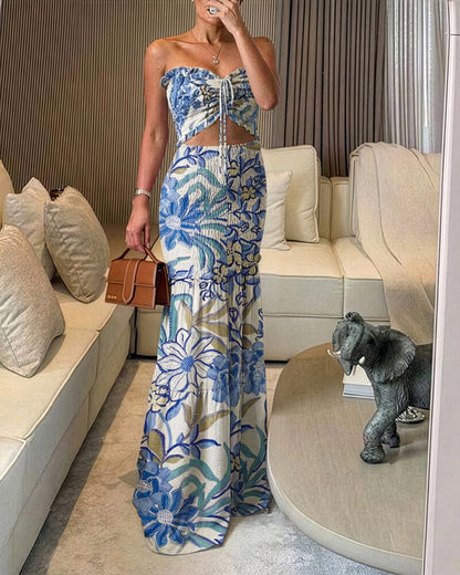 ChicMeLive Women's Tropical Floral Bandeau Dress Sexy Drawstring Cutout Shirred Waist Mermaid Dress Ruffle Hem Vacation Maxi Dress