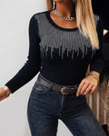 Women's Rhinestone Long Sleeve Top Rib-Knit Slim Fit Crew Neck T-Shirt Elegant Sparkly Pullover