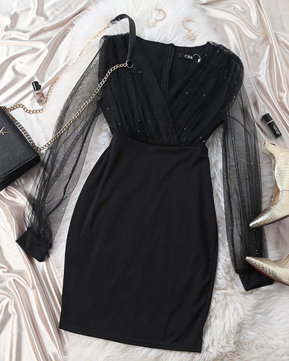 Glitter Sheer Mesh Spliced Overlap V-Neck Mesh Lantern Sleeve Mini Party Dress Ruched Zipper Back Slim Fit Evening Dress