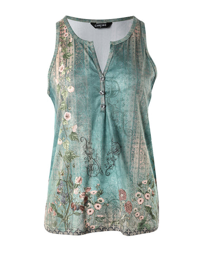 CHICME Women's Casual Floral Print Tank Top Sleeveless Notch Neck Vest with Rhinestone Accents