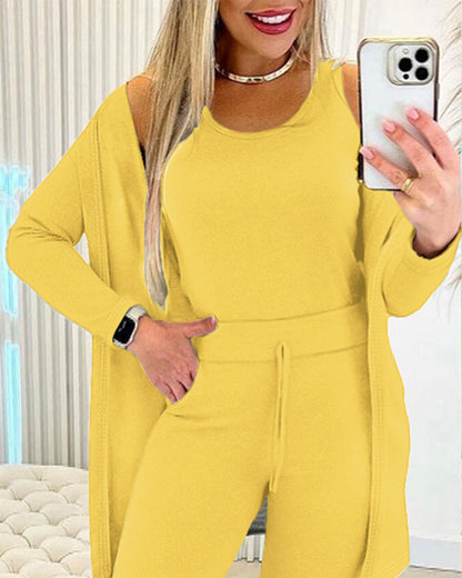 3 Piece Lounge Set Crewneck Sleeveless Tank Top Long Sleeve Open Front Coat Pants Sweatsuit