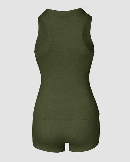 2PCS Micro-Ribbed U-Neck Tank Top & Boxer Set Cozy Loungewear
