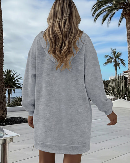 Long Sleeve Pocket Design Pullover Sweatshirt Casual Faux Two Piece Longline Drawstring Hooded Top
