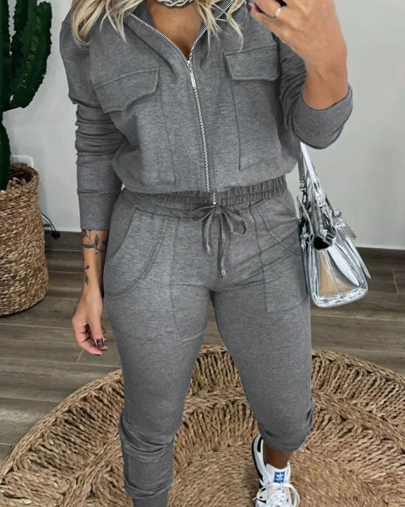 2 Pieces Outfit Long Sleeve Zip Up Flap Pockets Design Stretchy Hem Hoodie Coat and Drawstring Elastic Waist Slim Fit Pants Set