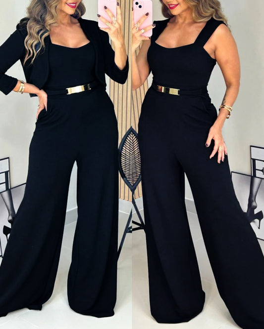 2 Pieces Outfit Metal Decor Square Neck Thick Strap Zipper Back Cinched Waist Wide Leg Jumpsuit and Casual Crop Cardigan Set