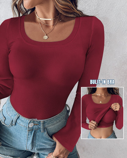 ChicMe Built-in Bra U-Neck Long Sleeve Ribbed Top